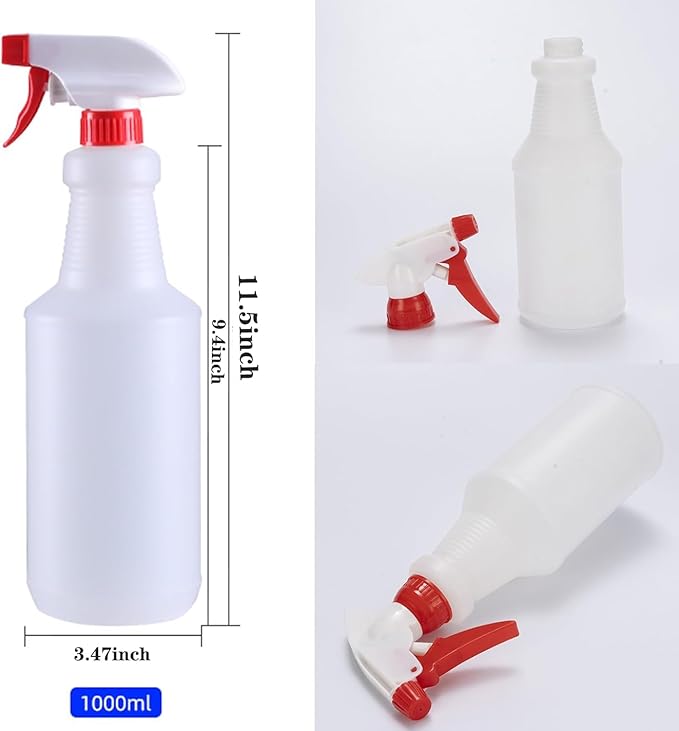 10 Packs 32oz Empty Spray Bottles Plastic Heavy Duty Refillable Spray Bottles with Adjustable Nozzle and Measurements for All Purpose Cleaning Solutions