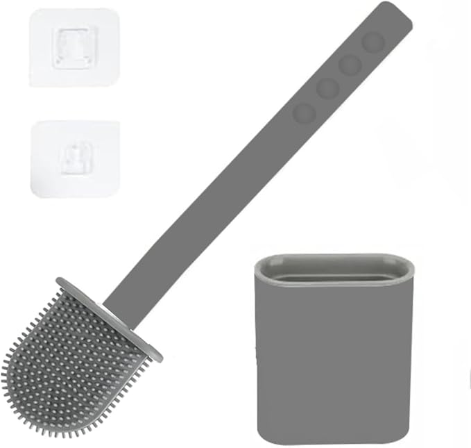 Silicone Toilet Brush and Holder Set – Pack of 1 Wall Mounted Toilet Brush Grey – Long Non-Slip Handle, Flexible Bristles for Easy Cleaning – Modern Toilet Scrubber Brush