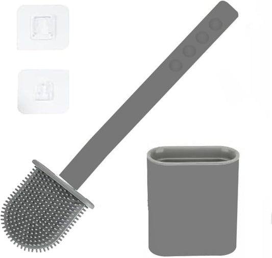 Silicone Toilet Brush and Holder Set – Pack of 1 Wall Mounted Toilet Brush Grey – Long Non-Slip Handle, Flexible Bristles for Easy Cleaning – Modern Toilet Scrubber Brush