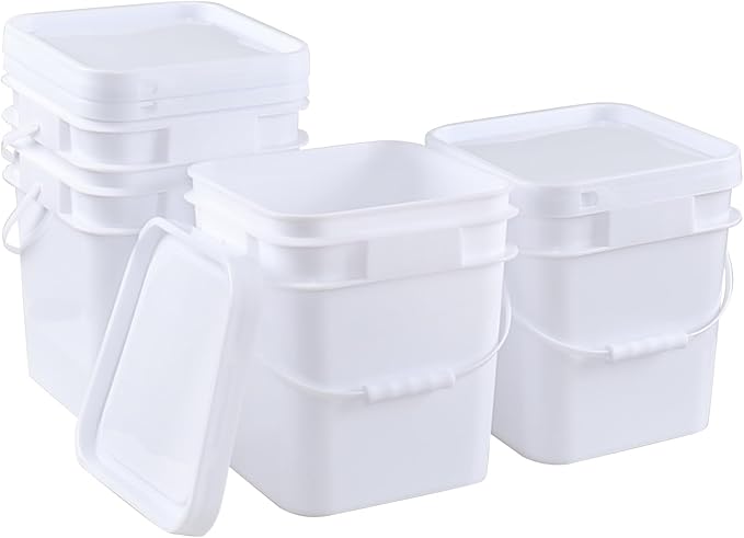 5 Gallon Square Food Plastic Bucket with Lids, White All Purpose Pail with Plastic Handle and Lid, Pack of 4