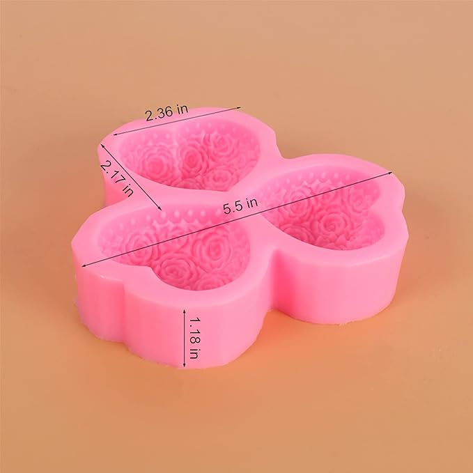 3-Cavity Heart Rose Flower Silicone Soap Mold Fondant Mold for Cake Decoration, Chocolate,Candle, Bath Bomb, Lotion Bar