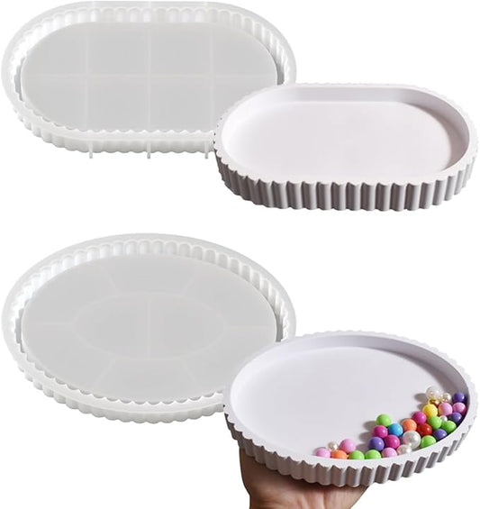 2PCS Oval Resin Tray Molds, Durable Silicone Coaster Moulds, Round Tray Mold with Edges Silicone Concrete Molds, Epoxy Resin Molds for DIY Jewelry Trinket Tray Home Decoration (Pallet)
