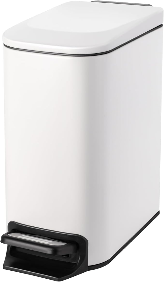 Cesun Small Bathroom Trash Can with Lid Soft Close, Step Pedal, 6 Liter / 1.6 Gallon Stainless Steel Slim Garbage Can for Bedroom, Diaper Waste Basket with Removable Inner Bucket (White)