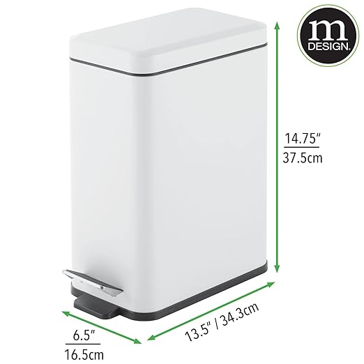 mDesign Pedal Bin — Waste Bin with Pedal, Lid and Plastic Bucket Insert for Bathroom, Kitchen, and Office — Metal Household Rubbish Bin with Ergonomic Design — White