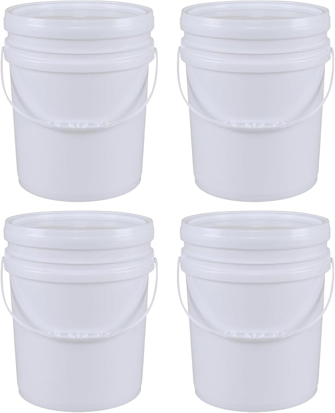 4 Packs Food Grade Bucket Pail with Plastic Handles and Lid, Plastic Bucket Pail Container with Lid, 7 Gallon, White