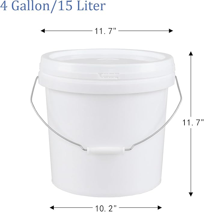 Ramddy 4 Gallon Airtight Round Storage Bucket Pails, 6 Packs Food Grade Storge Buckets with Handle, White