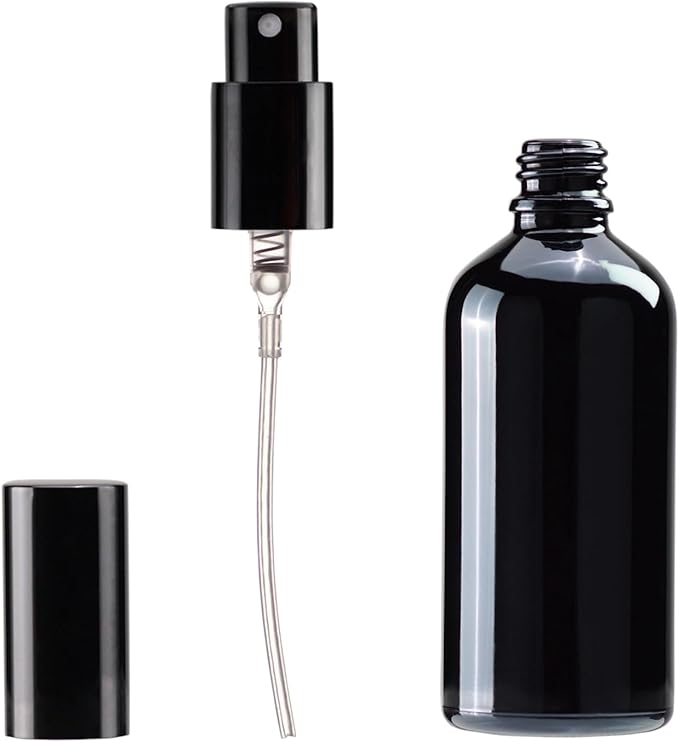 YIZHAO Black Glass Spray Bottles 4oz, with Small Fine Mist Spray, Metal Cap, Refillable for Essential Oil,Travel,Cleaning,Perfume,Aromatherapy,Makeup – 4 Pcs