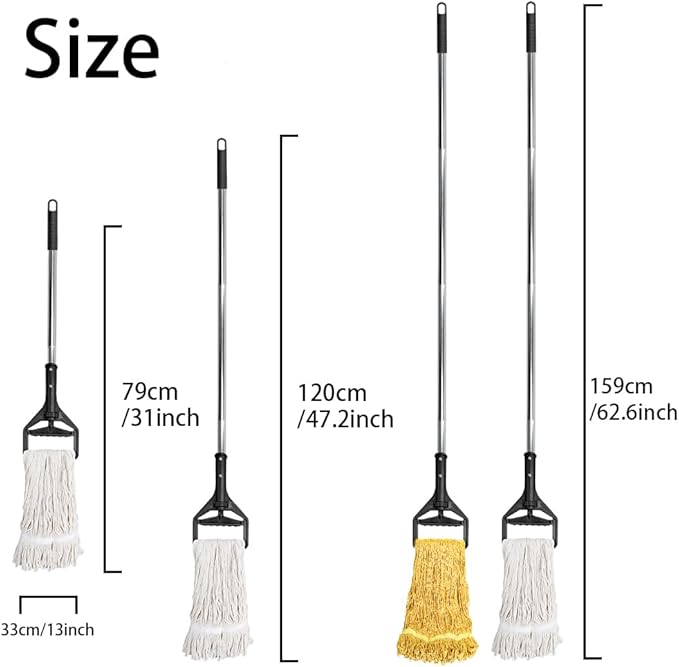 Wet String Mop for Floor Cleaning, Heavy Duty Mop with 2 Reusable Heads, Long Handle Industrial Cotton Mop for Restaurant Home Garage Office Patio Warehouse (Black)