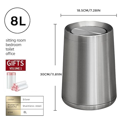 8L/2.1GAL Brass Garbage can，Brushed Nickel Bathroom Trash can with Lid,Stainless Steel,Samll Wasebasket for Bathroom,Powder Room,Bedroom,Laundry Room (silver-32-8l)