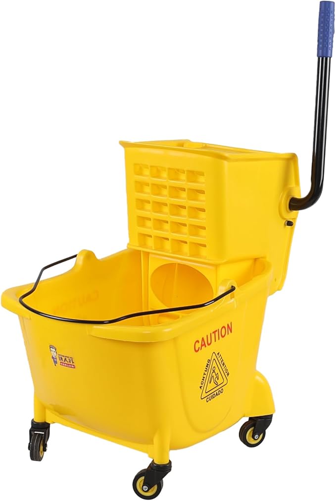 Mop Bucket with Side Press Wringer, 25 Quart Bucket on Wheels for Mopping Floors, Yellow