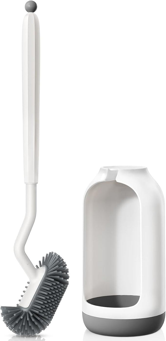 HAMITOR Toilet Bowl Brush Holder Set: Deep Cleaning Silicone Toilet Cleaner Scrubber Under Rim with Curved Bristle for Bathroom Dead Corner Clean - Modern Rv Toilet Decorative Accessories - White