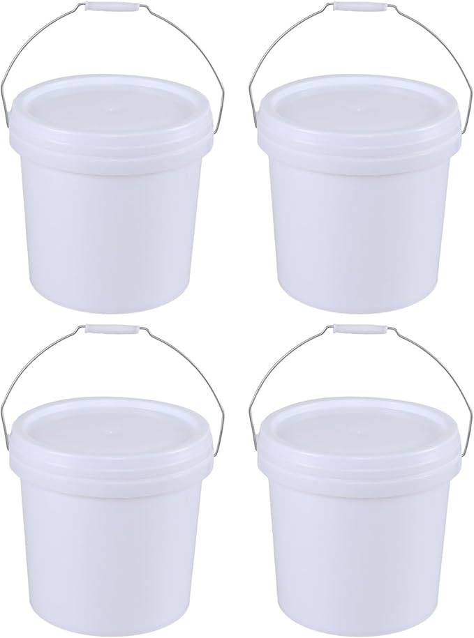 4 Gallon All Purpose Pail with Airtight Lids, Plastic Food Grade White Bucket with Handle, 4 Packs