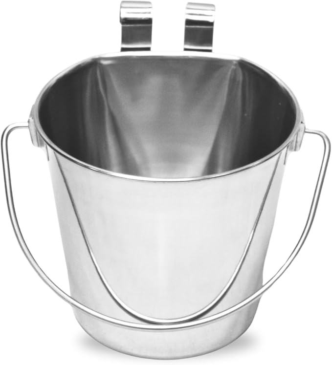9 Quart Stainless Steel Flat Sided Bucket with Dual Hooks | Food & Water Bowl for XL Dog Goat Sheep Cattle Horse & Livestock | Fits kennel Crate Cages Farm Hanging Pet Pail | Multipurpose