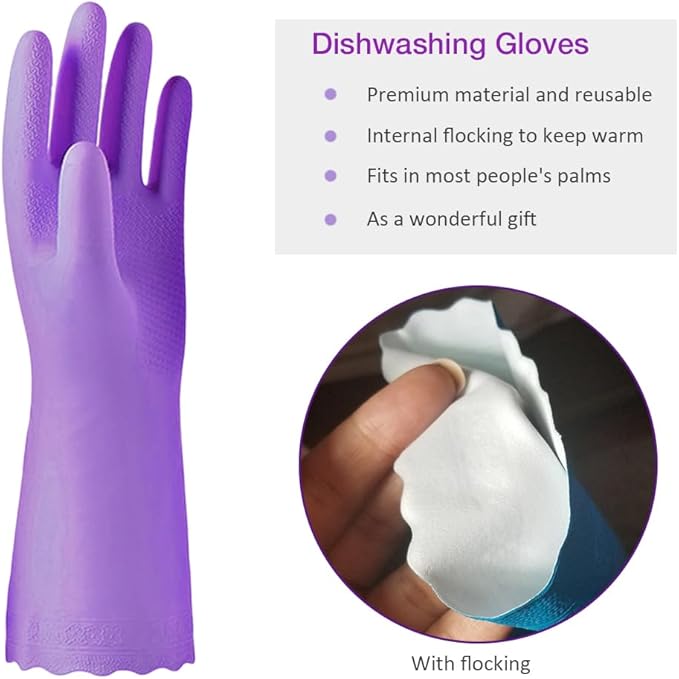 Alimat PluS 4PCS Reusable Cleaning Gloves Latex Free, Dishwashing Gloves with Cotton Flock Liner and Embossed Palm, Waterproof Household Rubber Gloves for Laundry, Gardening(Large, Blue+Purple)
