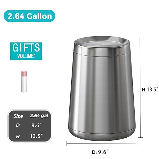 10L / 2.6Gal Small Stainless Steel Sliver Trash Can,Metal Bathroom Garbage can with Lid,Modern Home Décor Wastebasket with Flipping Lid, Garbage Can for Kitchen,Bathroom,Living Room(Silver),