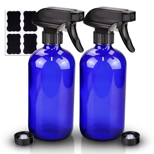 Wedama Glass Spray Bottle, 2 Pack Blue 16 oz Glass Spray Bottles for Cleaning Solutions and Essential Oils, Refillable Empty Spray Bottle with Adjustable Nozzles for Alcohol, Plant and Hair Care