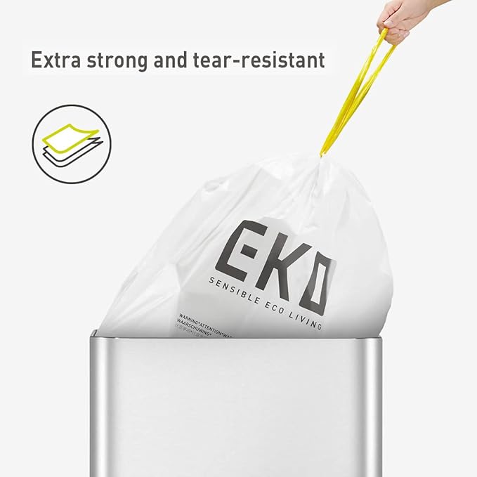 EKO 21 Gallon / 50-90 Liter, 60 Count Drawstring Trash Bags, Extra-Strong Unscented Garbage Bags, Easy-Dispense Roll for Kitchen & Household Use, Code G, White