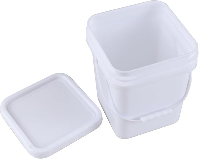 4 Packs Square Food Buckets with Lid, 5 Gallon Plastic Lidded Storage Bucket, Utility Pail, White