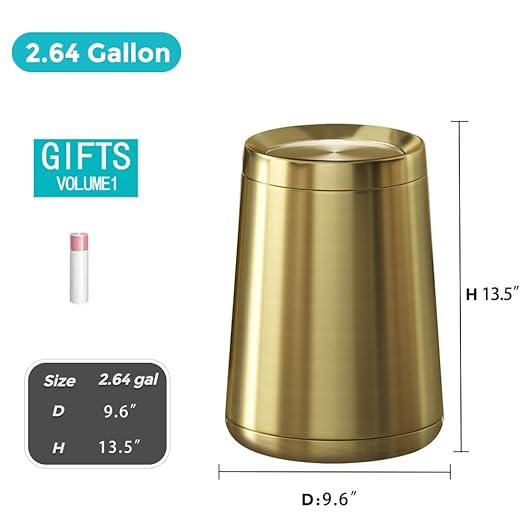 2.6Gal/10 L Gold Brushed Stainless Steel Trash Can with Swing Cover, Bathroom Trash Can with Lid, Garbage Can for Bathroom, Bedroom, Office, Hotel, Rest Room, RV (Gold)