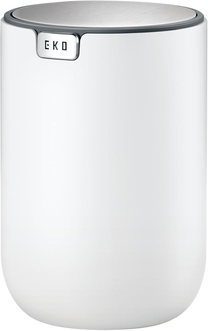 EKO Mini Desk Trash Can with Swing-Top Lid 0.4 Gallon Small Table Round Wastebasket for Office, Home, Car (White)