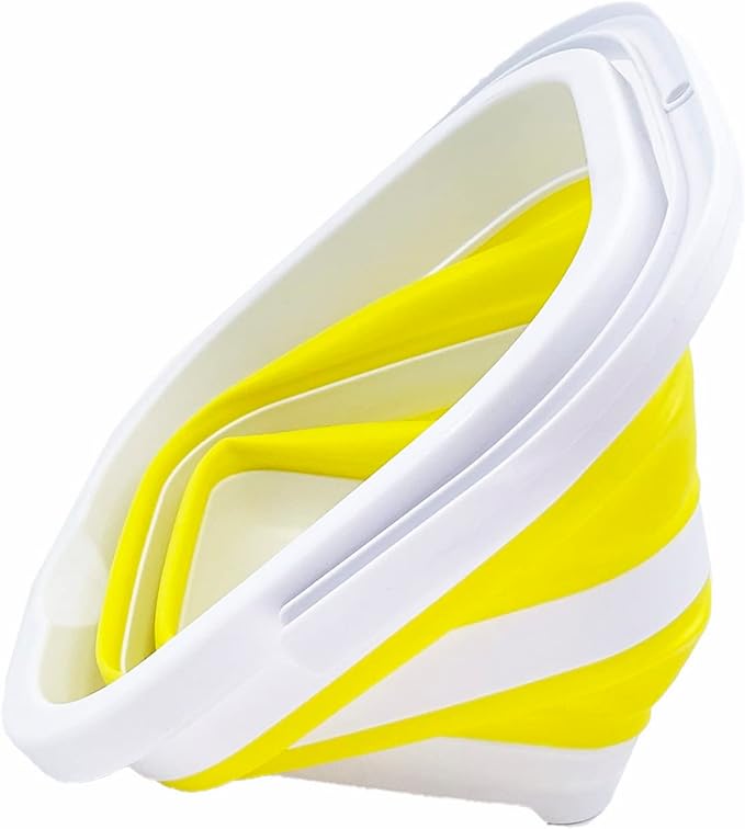 SAMMART Collapsible Rectangular Cleaning Bucket 5L (1.3 Gallon)- Foldable Camping Beach Sand Water Pot Pail- Portable Space Saving Tub for Household, Outdoor Car Washing (White/Lemon)