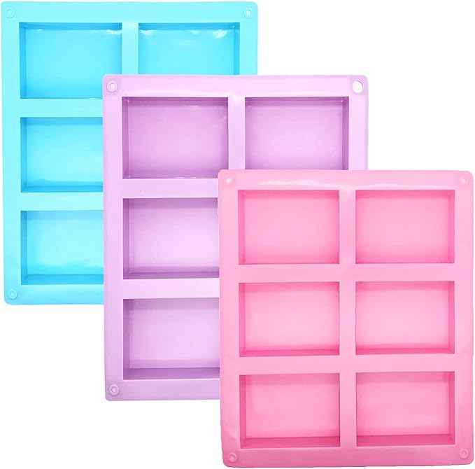 3 Pack Silicone Soap Molds - 6 Cavity Rectangle Molds for Craft Soap, Muffin, Loaf, Cornbread, Cake, Chocolate & Ice Cube Trays (Blue, Pink, Purple)