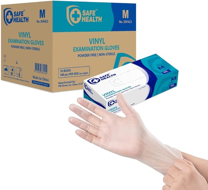 Safe Health Vinyl Exam Disposable Gloves, Free of Latex & Powder, Clear, 3.5 Mil, Medical Grade