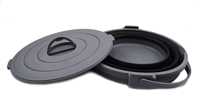 SAMMART 10L(2.64Gallon) Collapsible Fishing Bucket with Locking Lid - Foldable Round Tub - Portable Plastic Water Pail - Space Saving Outdoor Waterpot (Grey/Black)