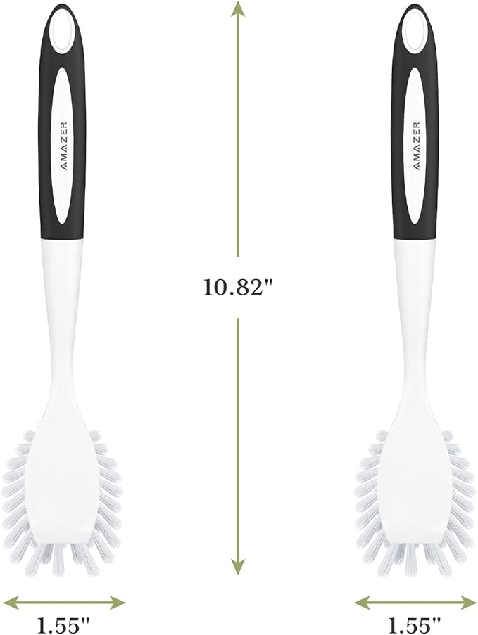 Amazer Dish Brush with Handle, 2 Pack Kitchen Scrub Brushes for Cleaning, Dish Scrubber with Stiff Bristles for Sink, Pots, Pans