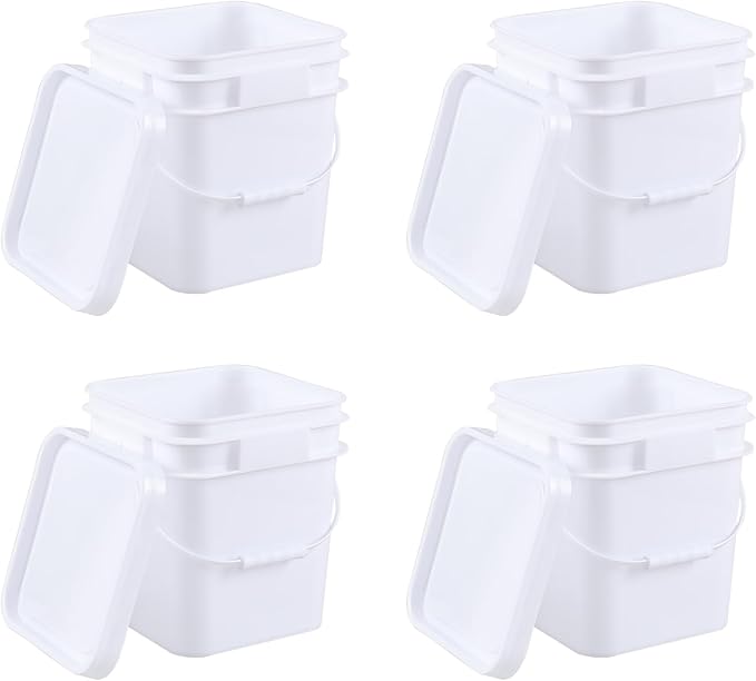 3 Gallon Plastic Bucket with Sealed Lid, 4 Pack Small White Square Bucket Pail Food Grade