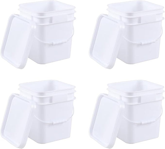 3 Gallon Plastic Bucket with Sealed Lid, 4 Pack Small White Square Bucket Pail Food Grade