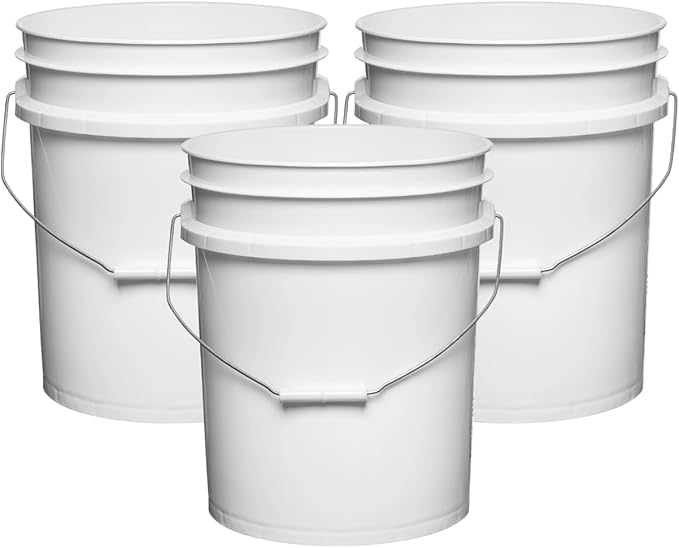 House Naturals 5 Gallon Premium HPDE Plastic Bucket - Made in USA Food Grade Storage Container, BPA Free All Purpose Pail (3, White)