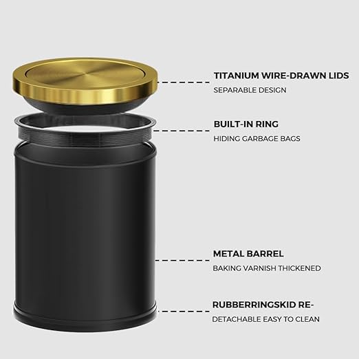 4GAL Bathroom Trash Can with Lid, Small Trash Can with Bronze lid,Black and Gold Waste Basket for Bathroom,Kitchen，Living Room,Hotel,Office (Black)