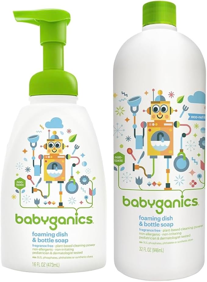 LuxProdX Baby ganics 16 Ounce Dish Dazzler Foaming Dish and Bottle Soap with Refill Kit BUNDLED with Two (2) Bottle Brushes BONUS