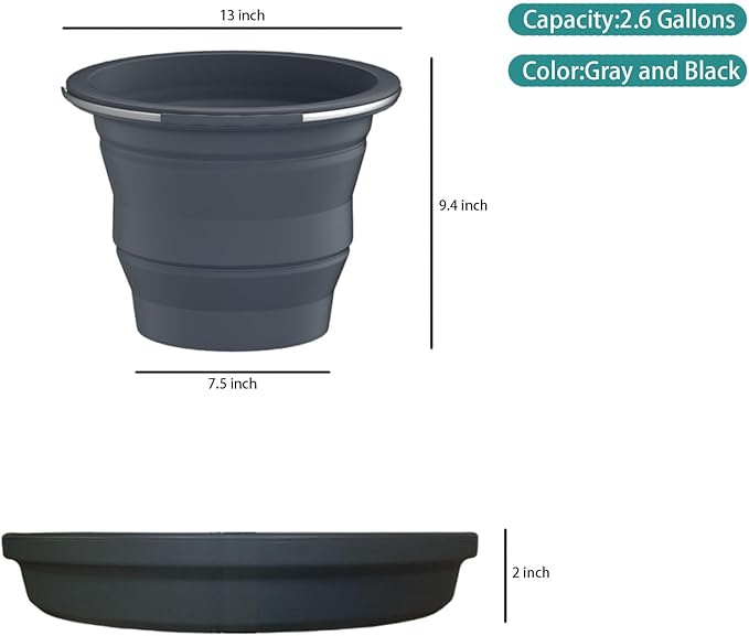 Collapsible Buckets, Silicone Bucket, Household Cleaning or Car Washing, Portable Folding Bucket for Fishing or Camping, 2.6 Gallons (10 Liters), Space-Saving Design, Round (Gray)