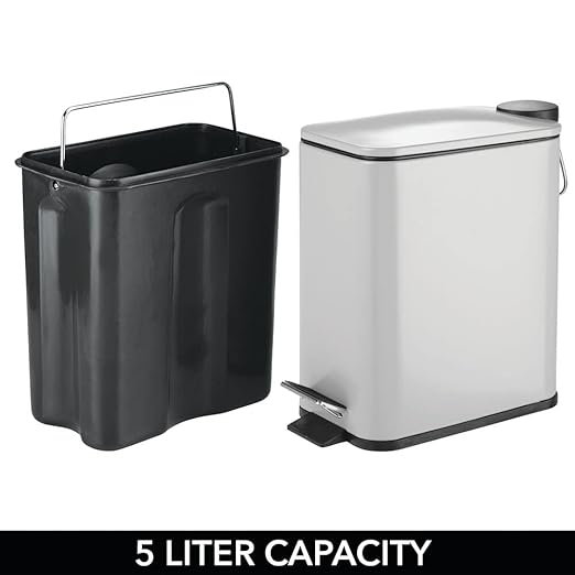 mDesign Slim Metal Rectangle 1.3 Gallon/5 Liter Trash Can with Step Pedal, Easy-Close Lid, Removable Liner - Narrow Wastebasket Garbage Container Bin for Bathroom, Bedroom, Kitchen - Matte Gray