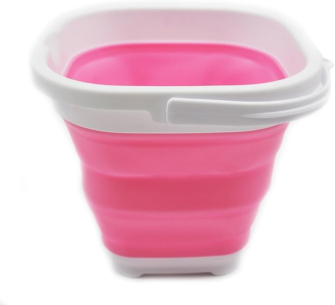 SAMMART 2.6L (0.68 Gallon) Super Mini Sqare Collapsible Plastic Bucket - Foldable Square Tub - Portable Fishing Water Pail - Space Saving Outdoor Waterpot (1, White/Pink)
