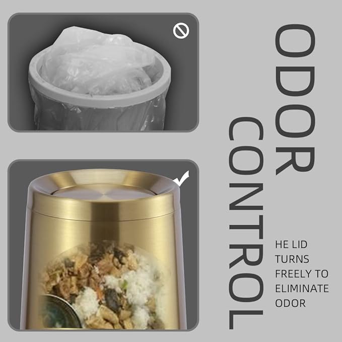 Household Swing Gold Bathroom Trash Can，Brushed Stainless Steel，10 L/3 Gallen，Garbage Can with Flipping Lid， for Indoor or Commercial Use, Kitchen,Modern，Living Room,Bedroom