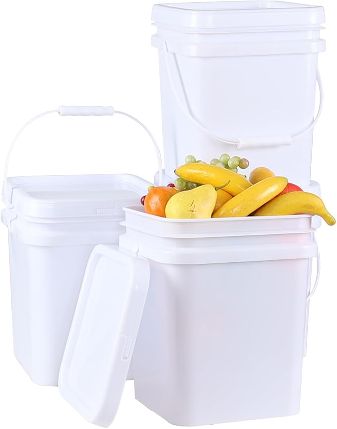 4 Pack 5 Gallon Square Lidded Storage Bucket with Handle, Plastic Bucket Pails Food Grade, White