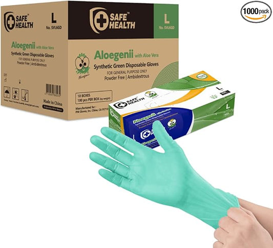 Safe Health Aloegenii HD Green Vinyl Disposable Gloves, Aloe Vera Coated, 5.5 mil, Case of 1000, Large, Latex Free, Powder Free, Cleaning, Food Service, Office, Janitorial