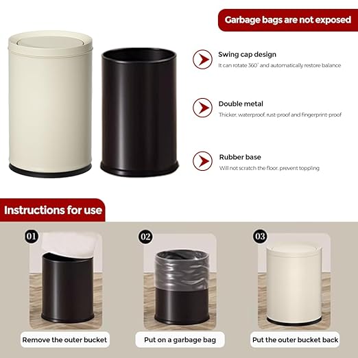2.4GAL Off White Metal Garbage Can, Double-Layer with Inner Layer,Small Bathroom Trash Can with FILP Lid for Bedroom,Office,Hotel,Bank