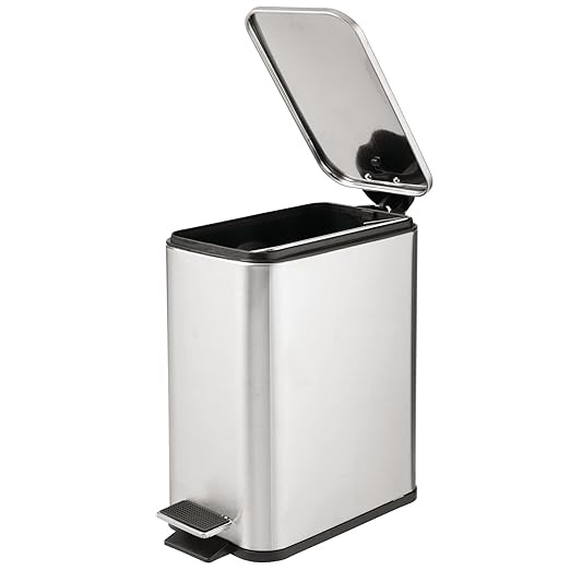 mDesign Slim Metal Rectangle 1.3 Gallon/5 Liter Trash Can with Step Pedal, Easy-Close Lid, Removable Liner - Narrow Wastebasket Garbage Container Bin for Bathroom, Bedroom - Brushed Stainless Steel
