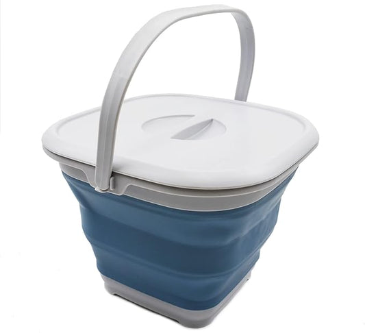 SAMMART 8.5L (2.2 Gallon) Collapsible Square Bucket with Handle and Lid. Size 31x31cm (Grey/Steel Blue, 1)