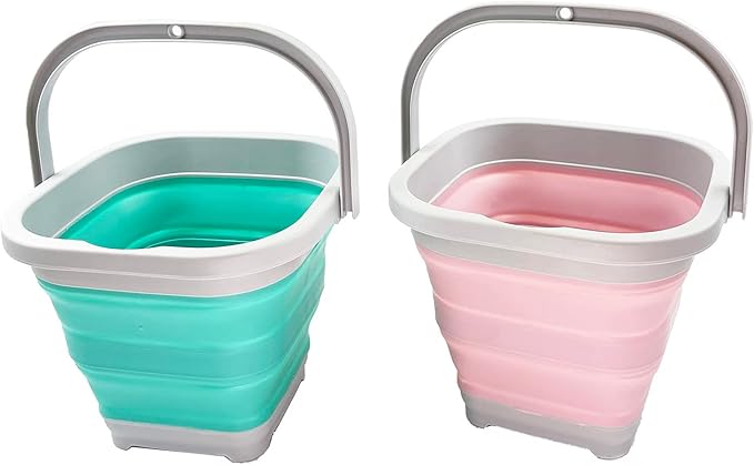 SAMMART Collapsible Rectangular Cleaning Bucket 5L (1.3 Gallon)- Foldable Camping Beach Sand Water Pot Pail- Portable Space Saving Tub for Household, Outdoor Car Washing (Pale Pink + Pine (Set of 2))