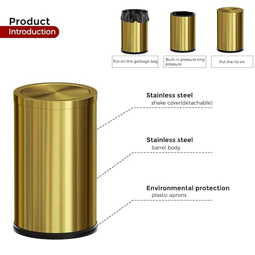 18L/4.7GAL Gold Bathroom Trash Can with Lid,Brass Garbage Can with Flipping Lid,Brushed Stainless Steel for Bedroom,Living Room,Office,Guest Room (4.7gal-Gold)