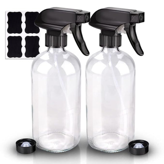 Wedama Glass Spray Bottle, 2 Pack Clear 16 oz Glass Spray Bottles for Cleaning Solutions and Essential Oils, Refillable Empty Spray Bottle with Adjustable Nozzles for Alcohol, Plant and Hair Care