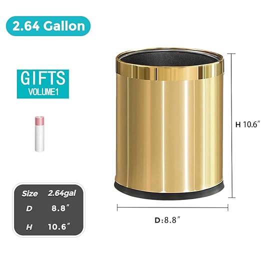 2.64 Gallon Brass Gold Bathroom Trash Can, Double Walled Wastebasket, Elegant, Modern Garbage Can for Bedroom Kitchen Hotel Cafe Office Restaurant (88J Gold