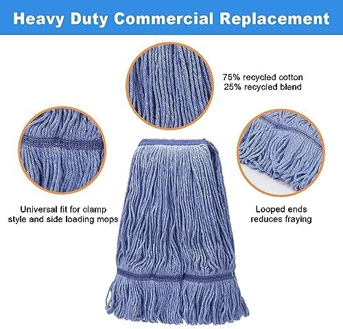 6 Pcs Heavy Duty Commercial Mop Relacement Heads,Wet Industrial Blue Cotton Looped End String Head Refills-General Cleaning Mop Heavy Duty Refill Head,Highly Absorbent,Blue String Cotton Mop Head