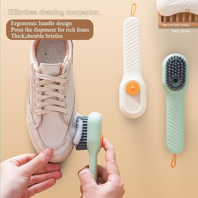 2pcs Soap Dispenser Shoe Brushes,Sneaker Brushes,Multifunftional Shoe Brushes with Soap Dispenser, Long Handle Shoe Brush, Carpet and Kids Toys - Travel-Friendly Design (Green & Cream)