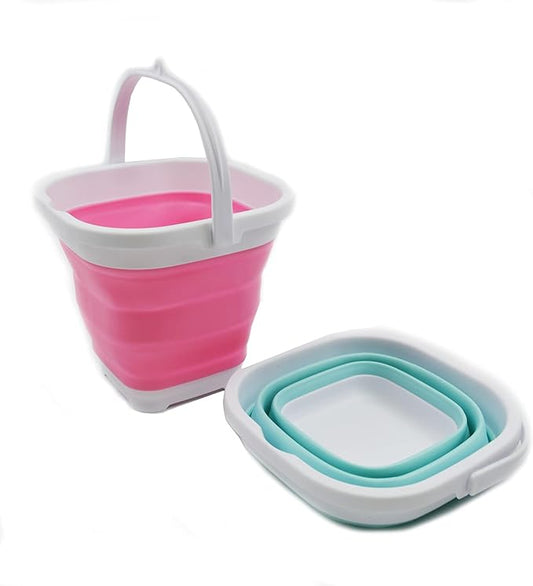 SAMMART 2.6L (0.68 Gallon) Super Mini Sqare Collapsible Plastic Bucket - Foldable Square Tub - Portable Fishing Water Pail - 2 Pieces Box Pack (Lake Green & Pink)
